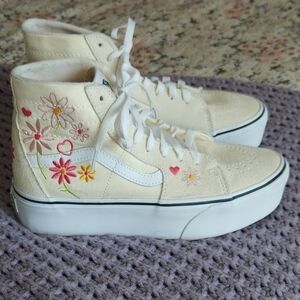 Vans Cream High-Top Sneakers with Floral Embroidery